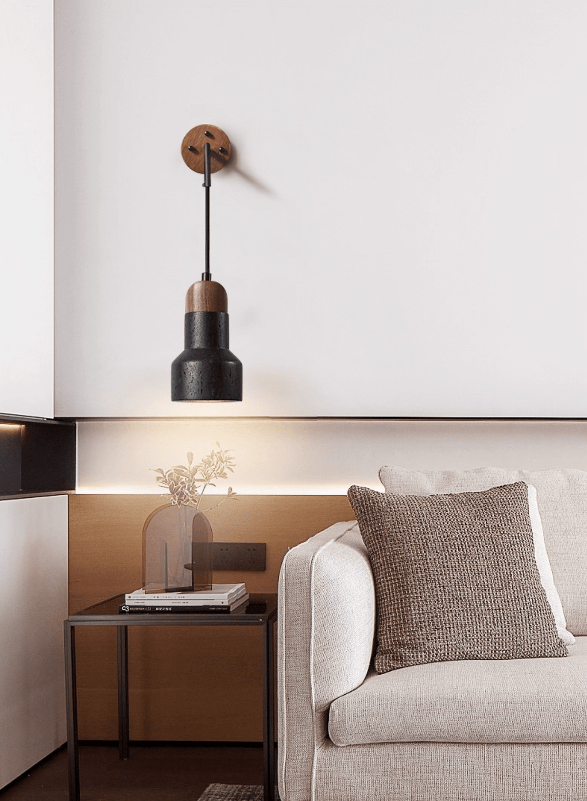 Vulkan Drop Wall Sconce in Black Travertine and Walnut