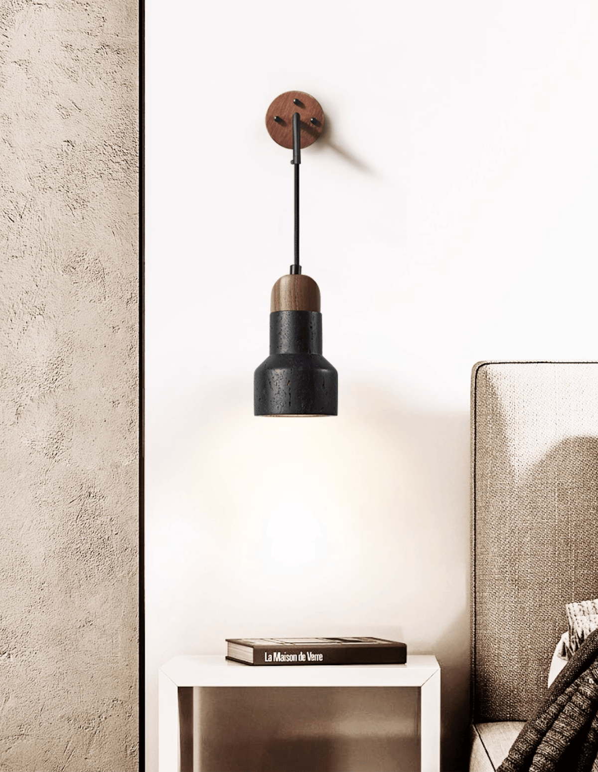Vulkan Drop Wall Sconce in Black Travertine and Walnut