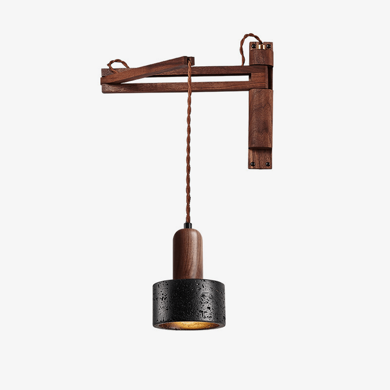 Swing Arm Wall Sconce in Black Travertine and Walnut