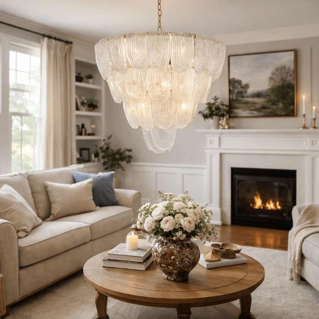 Layered Glass Petal Chandelier – Modern Brass & Glass Pendant Light for Dining Room and Living Room