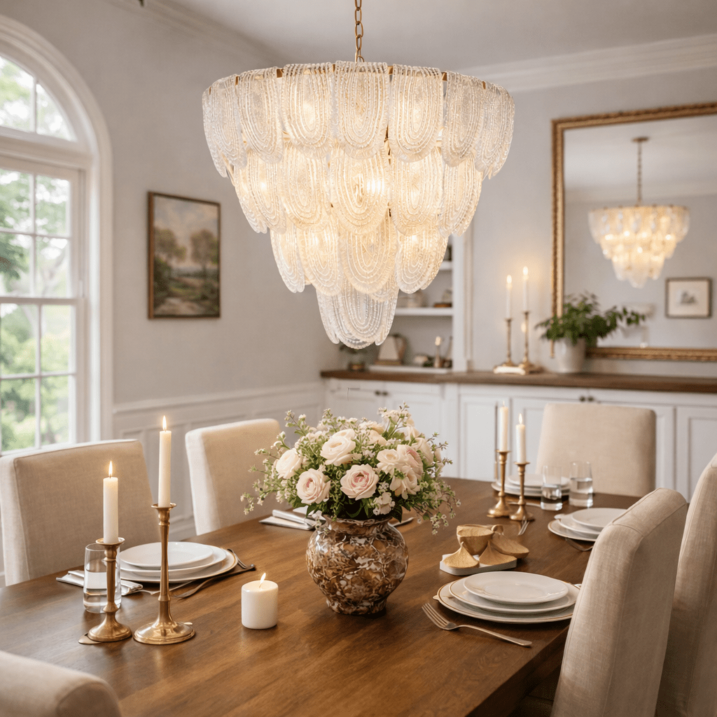 Layered Glass Petal Chandelier – Modern Brass & Glass Pendant Light for Dining Room and Living Room