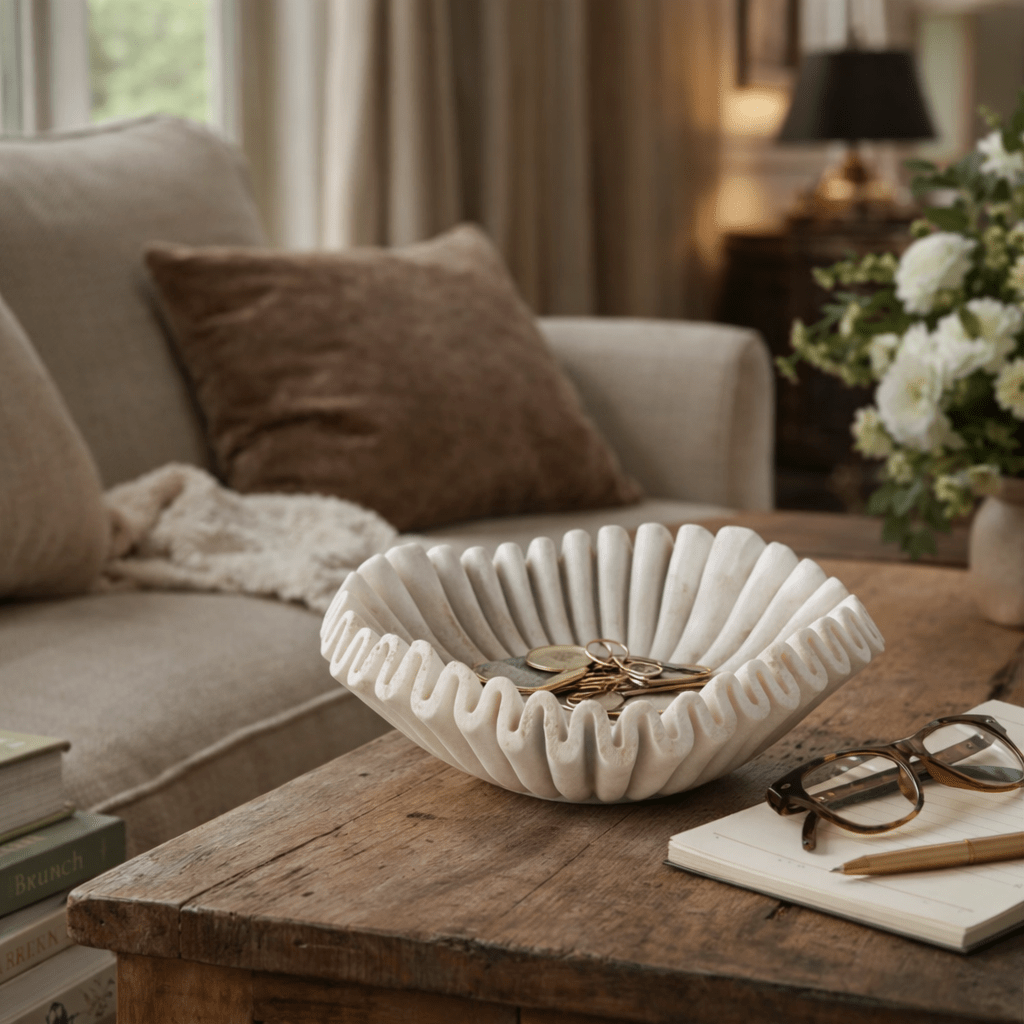 Fluted Marble Catchall Tray with Sculptural Fold Design