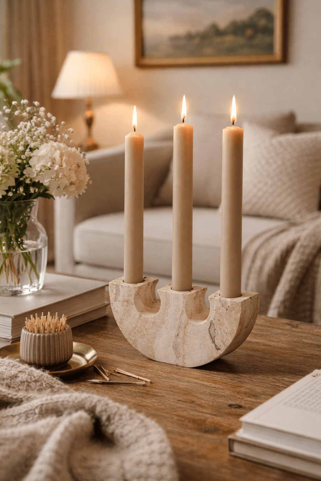 Rowan Sculptural Travertine Candle Holder in Natural Yellow Stone