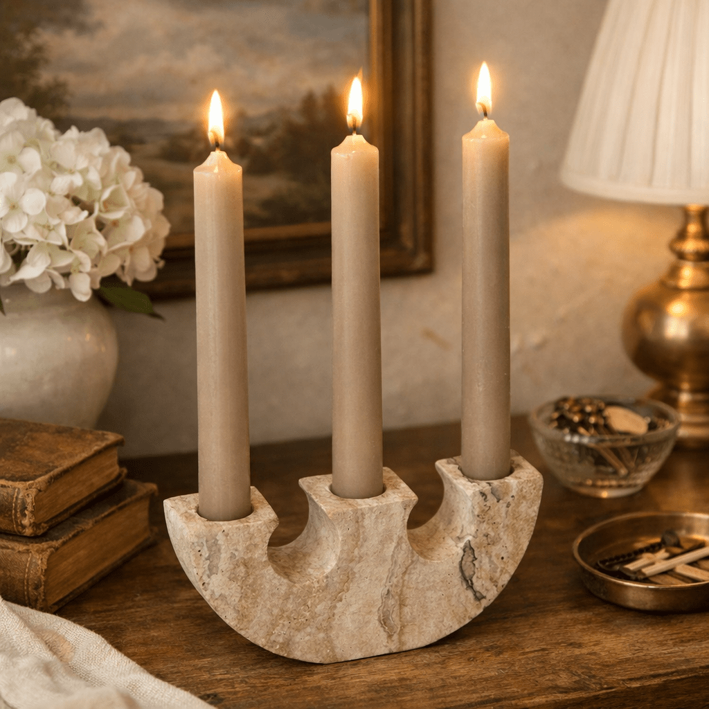 Rowan Sculptural Travertine Candle Holder in Natural Yellow Stone