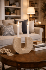 Rowan Sculptural Travertine Candle Holder in Natural Yellow Stone