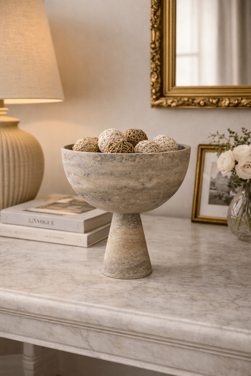 Rowan Stone Display Bowl – Sculptural Marble & Travertine Decor Accent