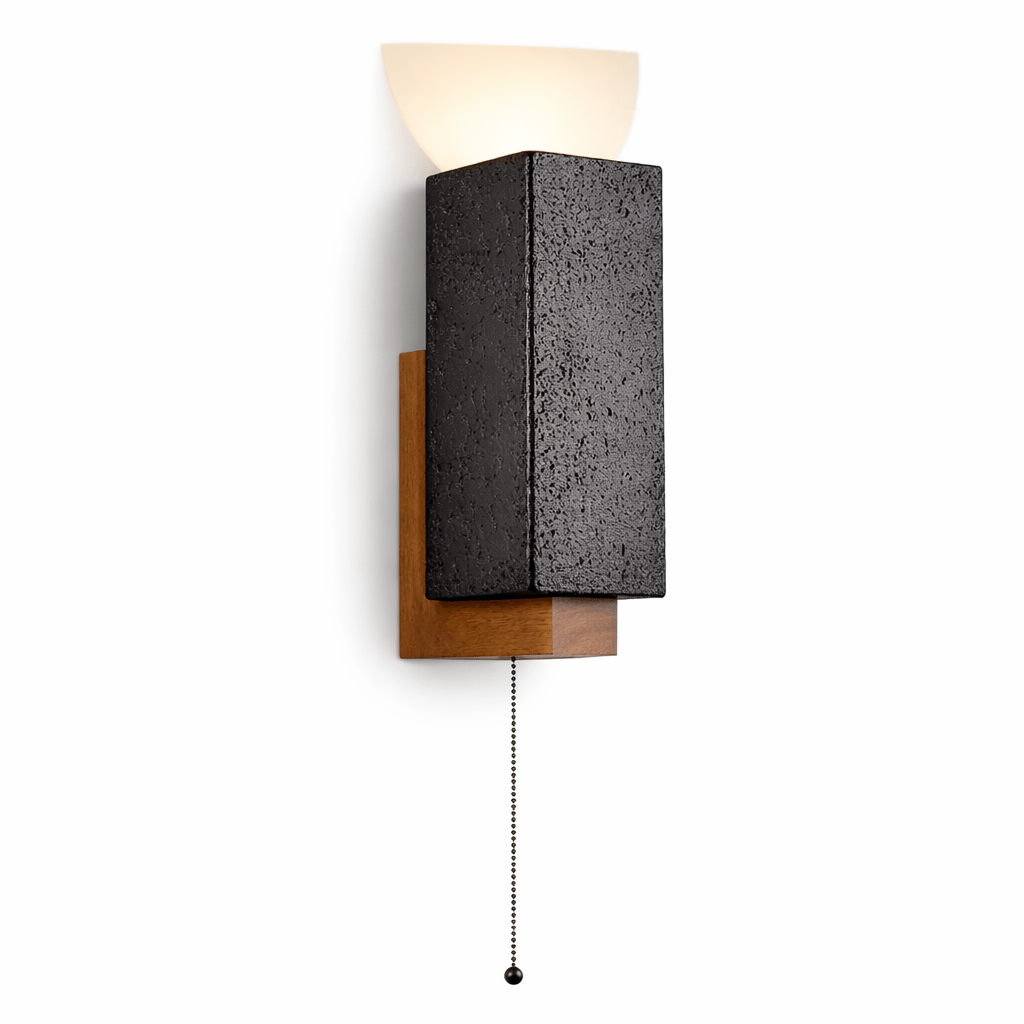 Obsidian Glow Wall Sconce — Black Travertine & Walnut Geometric Wall Light