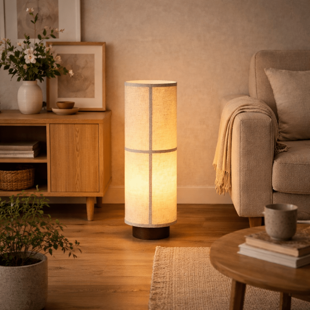 Kanso Glow Floor Lamp – Modern Minimalist Fabric Shade with Walnut Wood Base