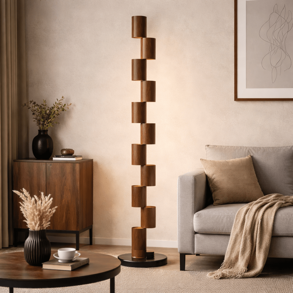 Sculptural Stacked Wood Tower Floor Lamp with Warm Ambient LED Glow