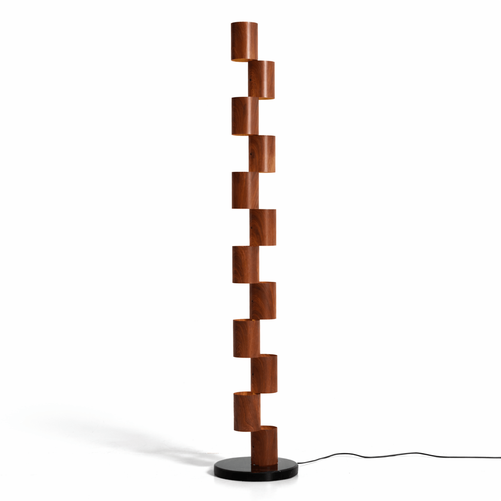 Sculptural Stacked Wood Tower Floor Lamp with Warm Ambient LED Glow