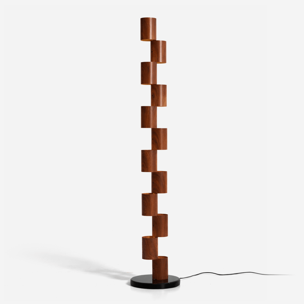 Sculptural Stacked Wood Tower Floor Lamp with Warm Ambient LED Glow