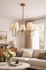 Opaluxe Brass Chandelier – Six-Light Designer Ceiling Light with Fabric Shades