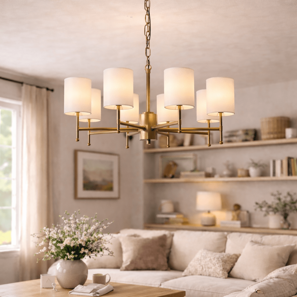 Brass Chandelier with Fabric Shades – Modern Luxury Lighting for Dining and Living Rooms