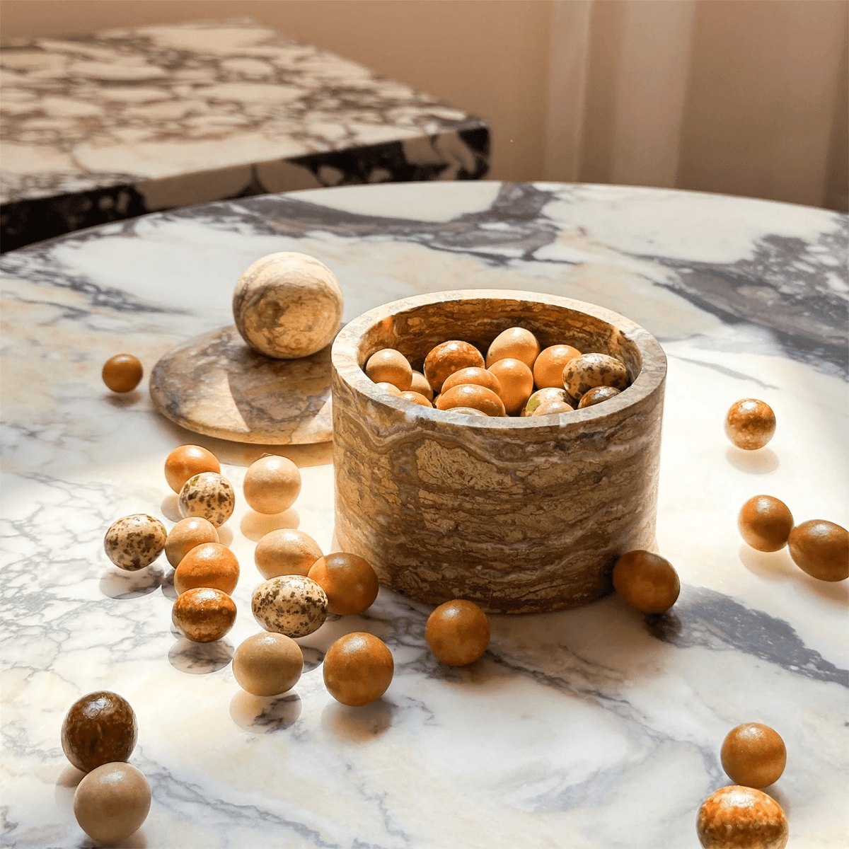 Strata Sphere Natural Marble Storage Box with Sculptural Lid