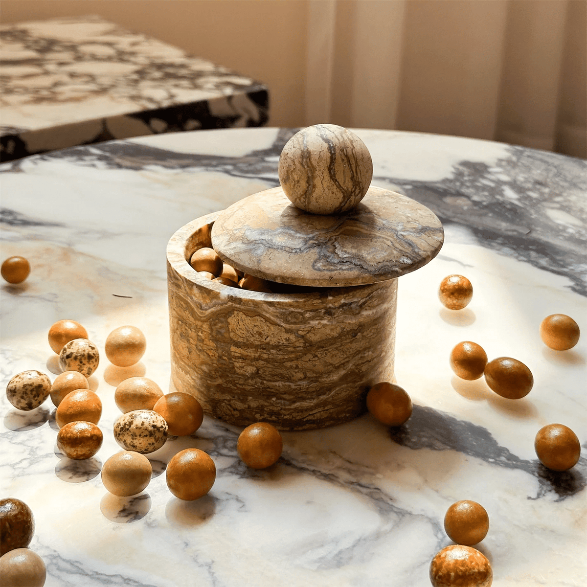 Strata Sphere Natural Marble Storage Box with Sculptural Lid