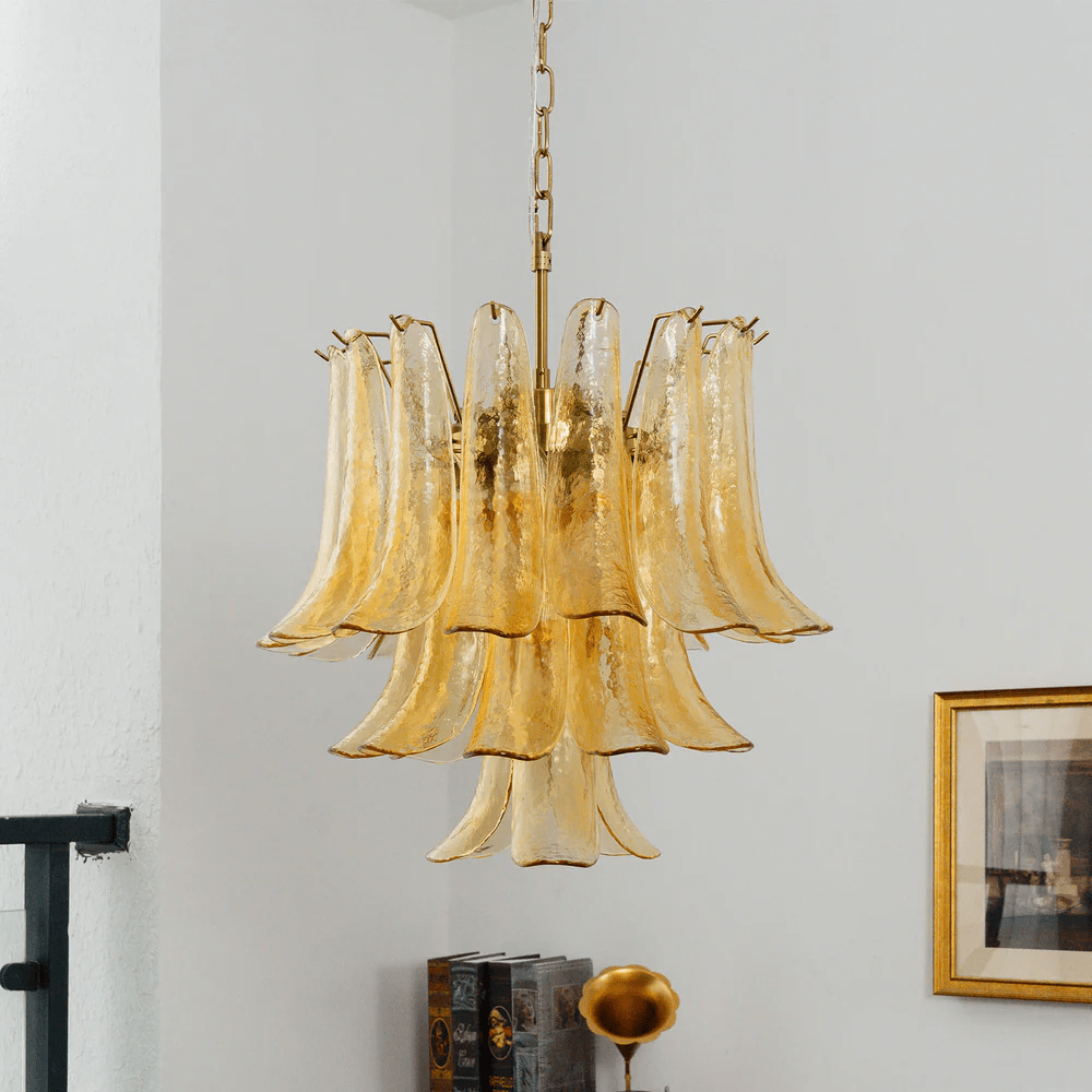 Amber Cascade Glass Chandelier with Brass Frame