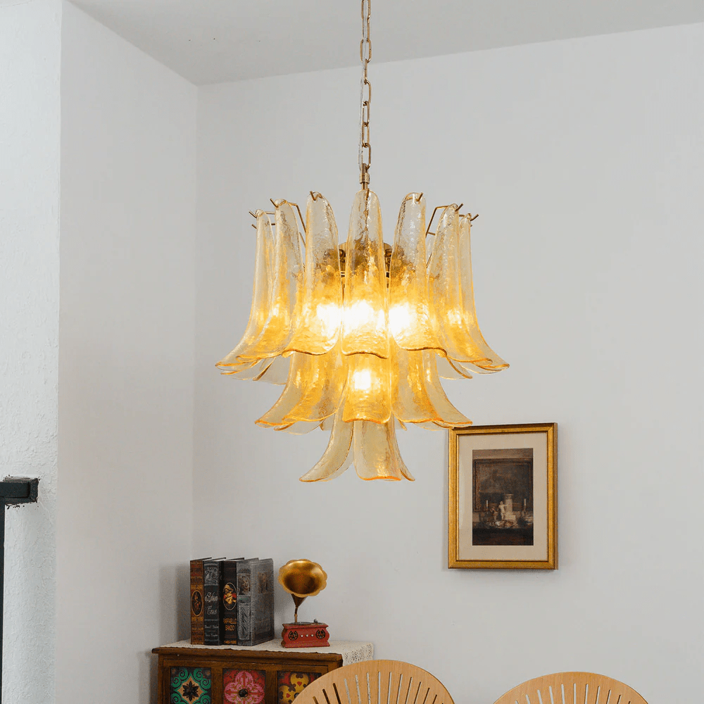 Amber Cascade Glass Chandelier with Brass Frame