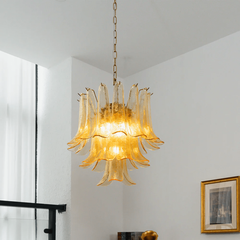 Amber Cascade Glass Chandelier with Brass Frame