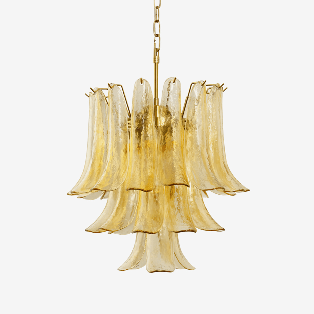 Amber Cascade Glass Chandelier with Brass Frame
