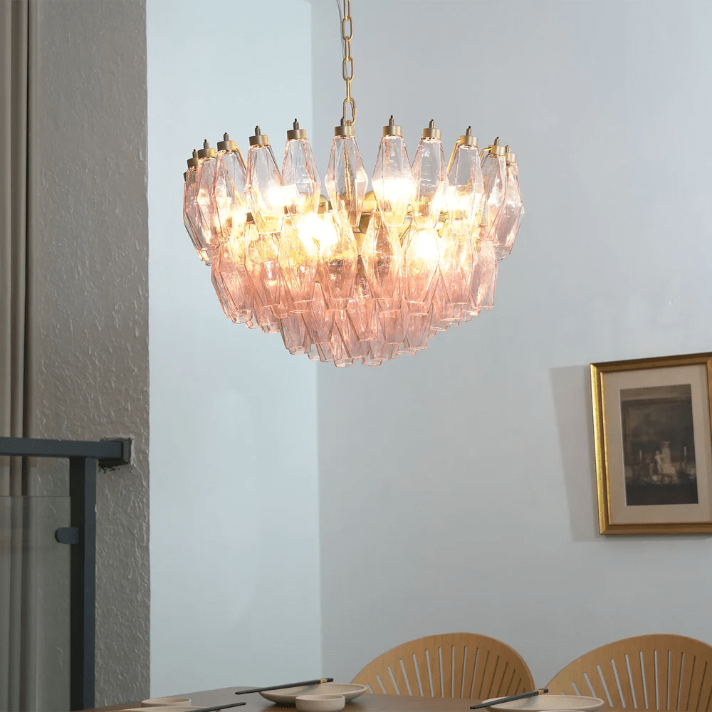 Facet Bloom Glass Chandelier in Gold and Pink for Dining Room