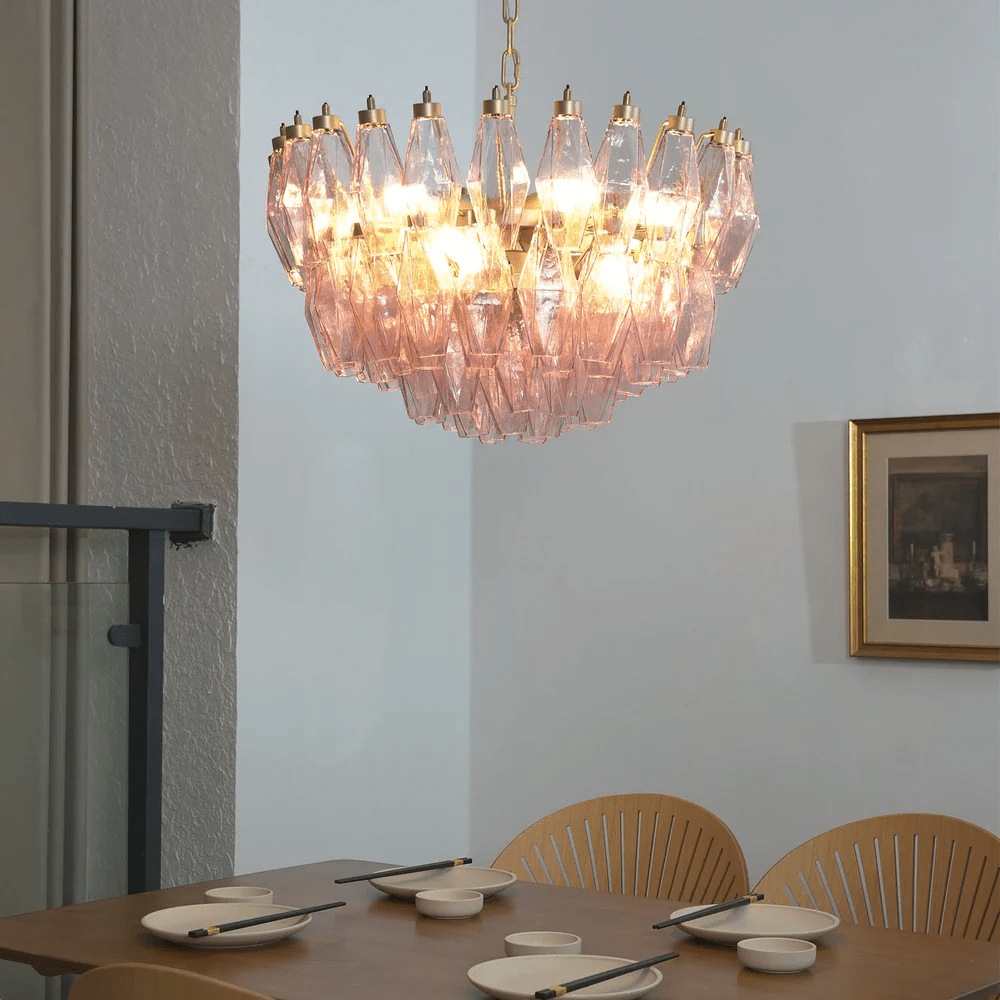 Facet Bloom Glass Chandelier in Gold and Pink for Dining Room