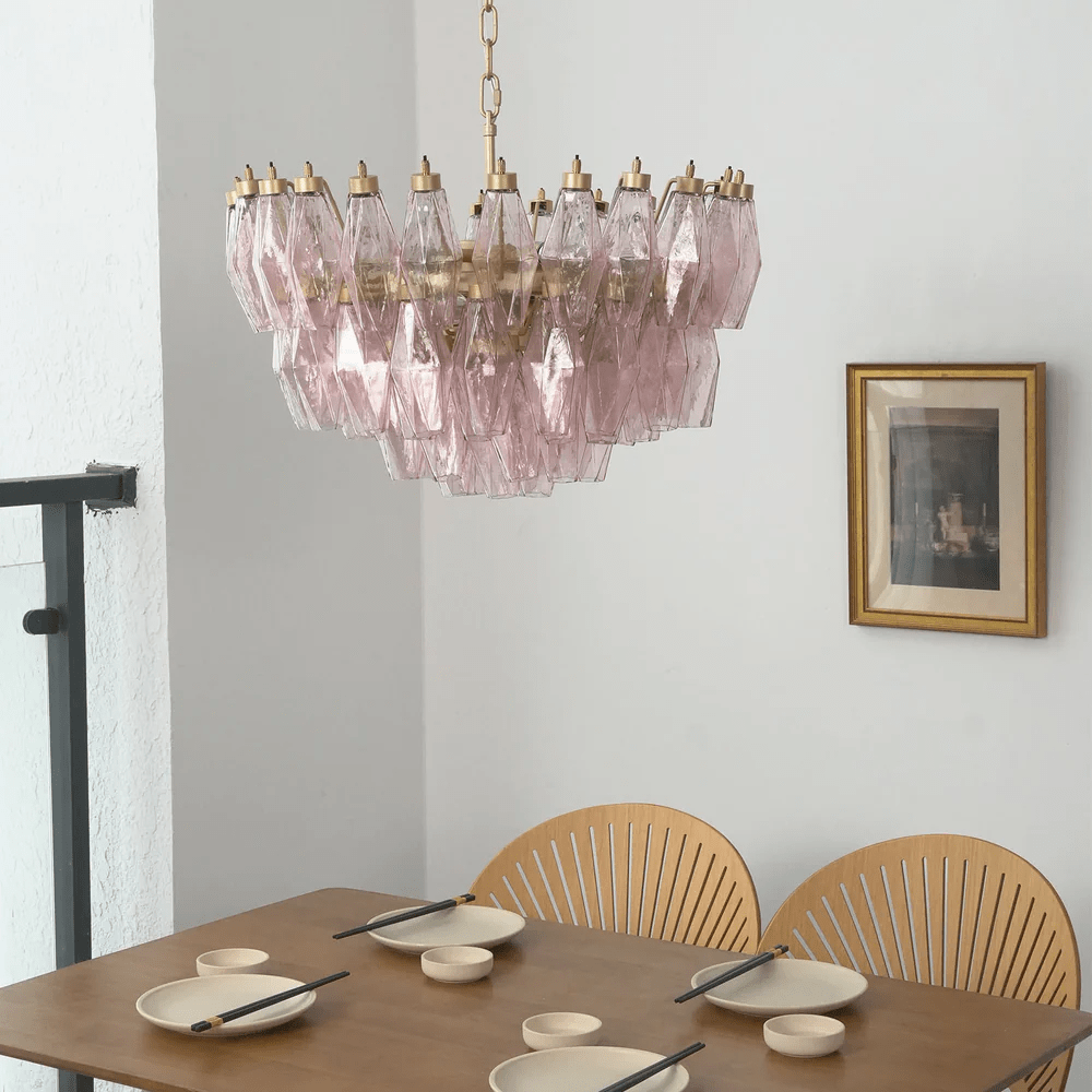 Facet Bloom Glass Chandelier in Gold and Pink for Dining Room