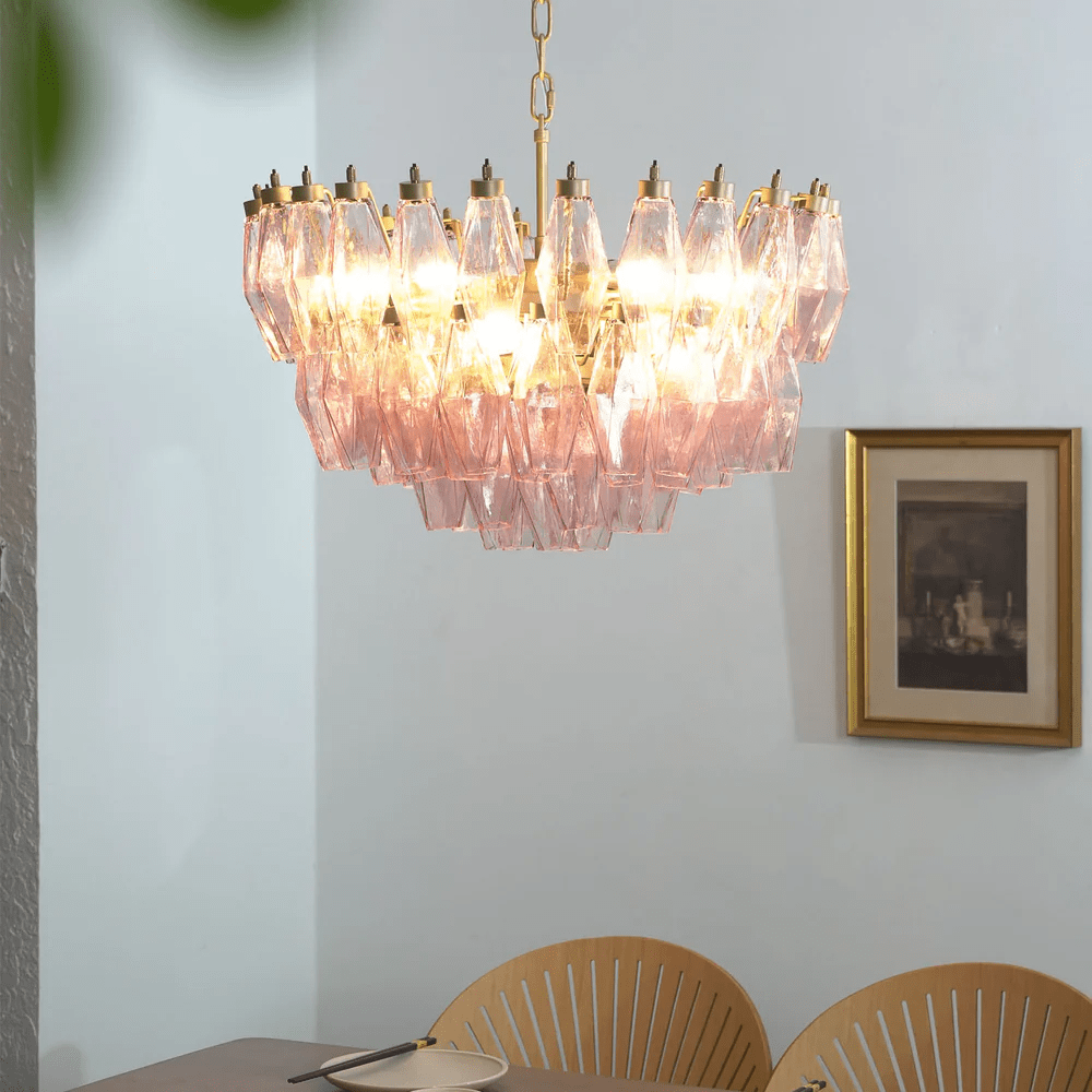 Facet Bloom Glass Chandelier in Gold and Pink for Dining Room