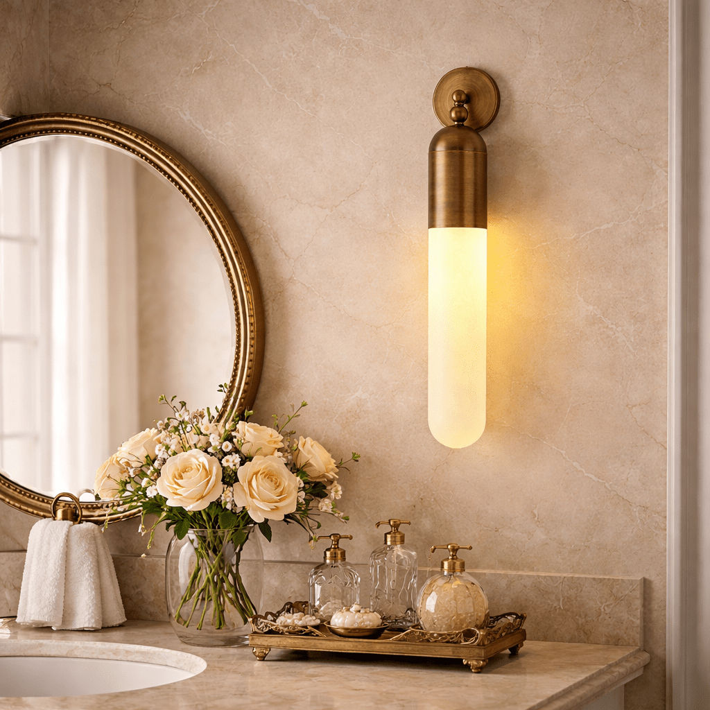 Alabaster Sculpted Tube Wall Sconce in Polished Brass