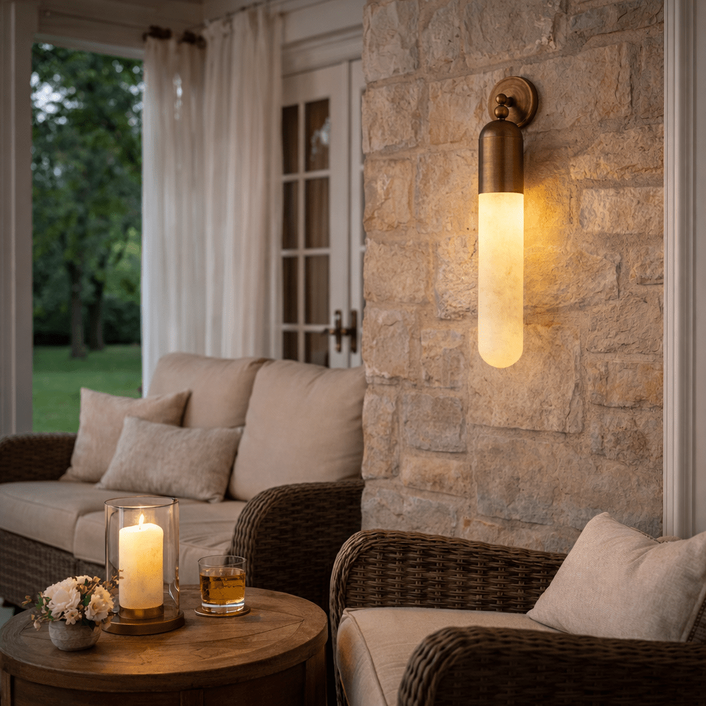 Alabaster Sculpted Tube Wall Sconce in Polished Brass