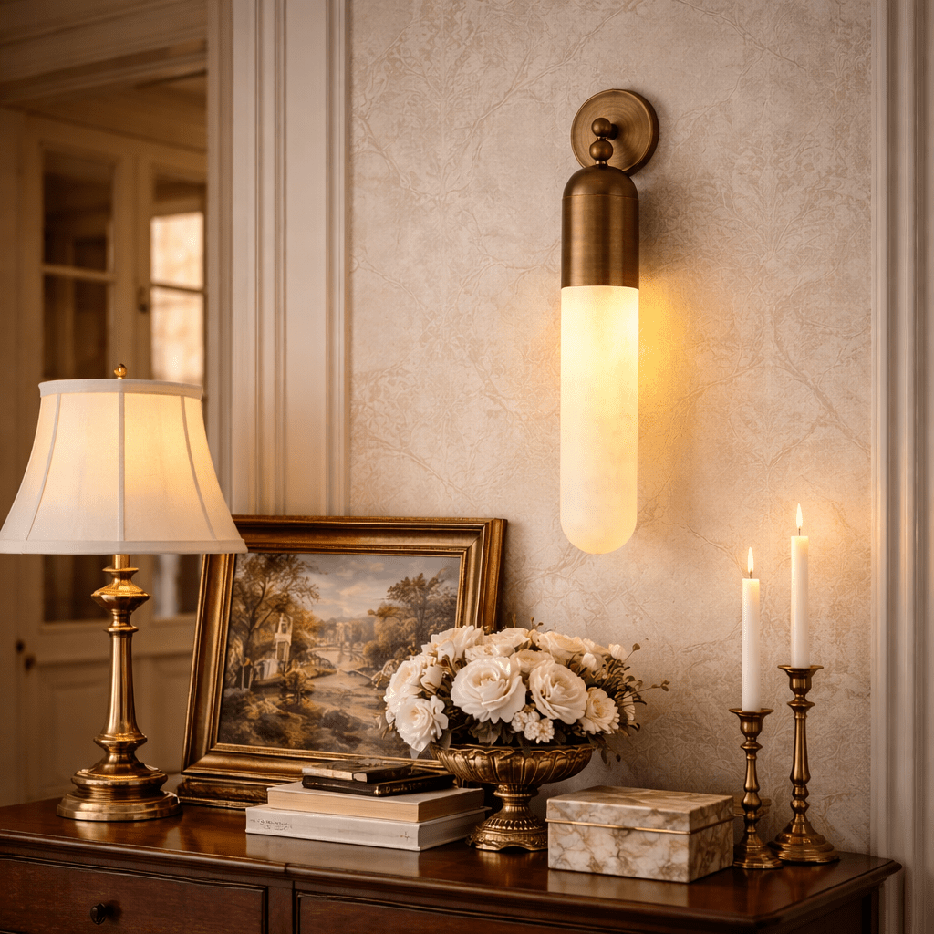 Alabaster Sculpted Tube Wall Sconce in Polished Brass