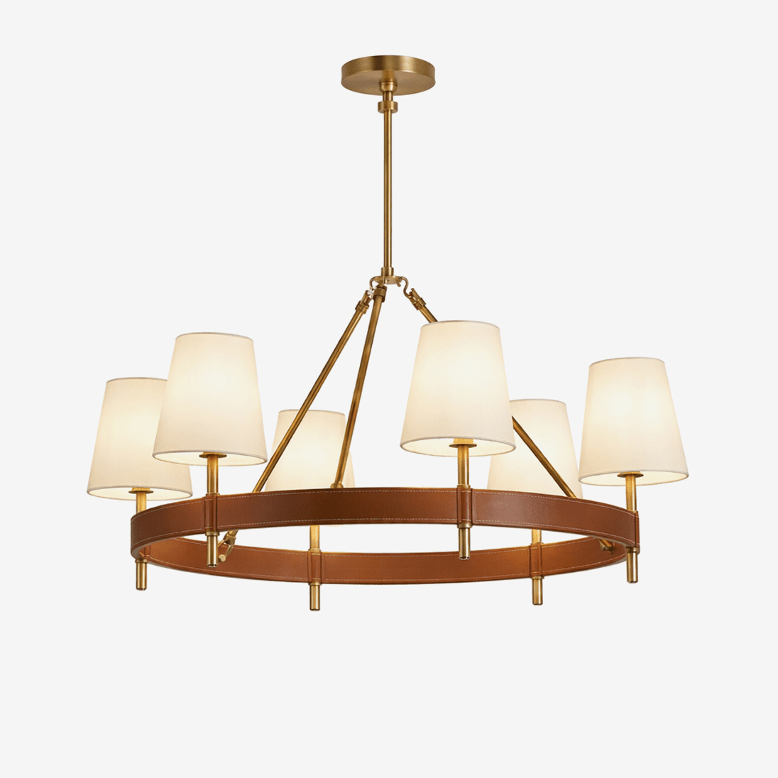 Arianna Leather & Brass Chandelier with Linen Shades, 6-Light