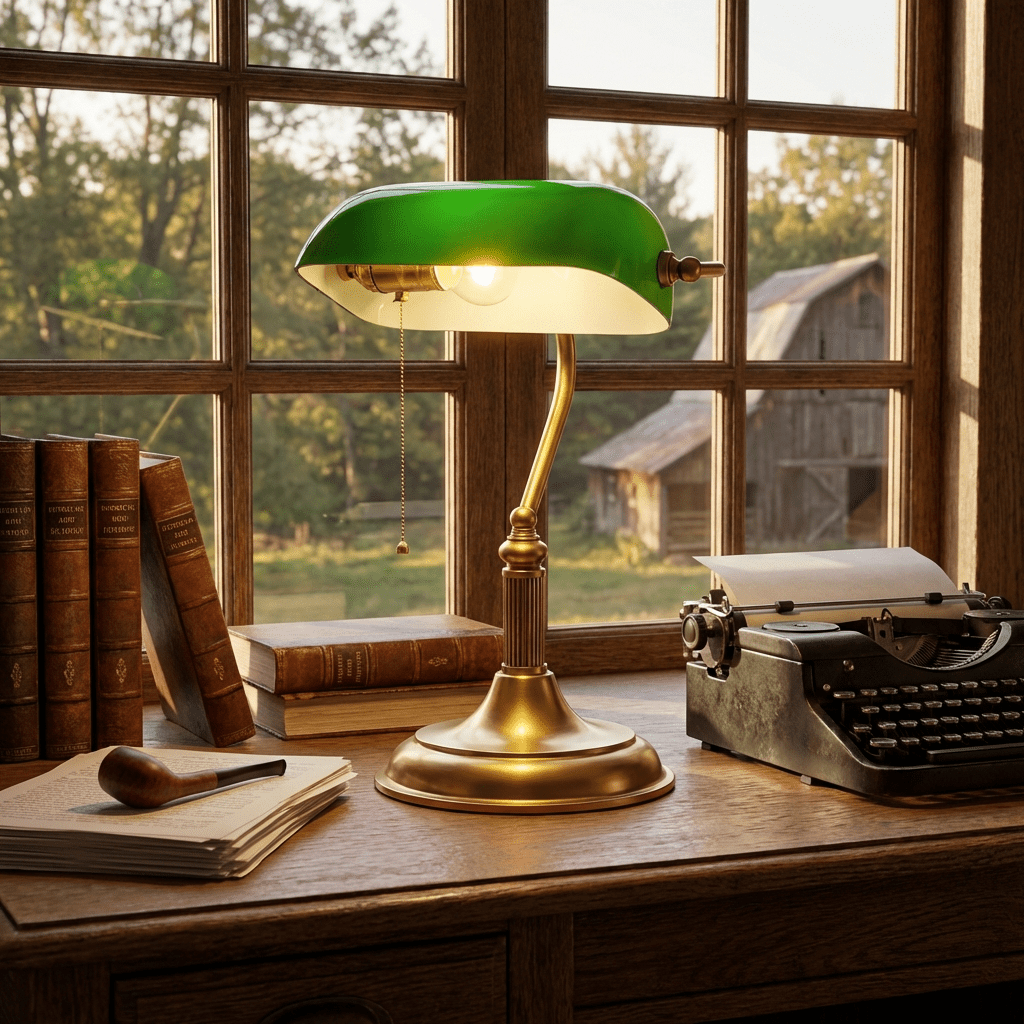 Harrison Banker Table Lamp in Brass and Green Glass