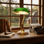 Harrison Banker Table Lamp in Brass and Green Glass