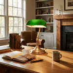 Harrison Banker Table Lamp in Brass and Green Glass