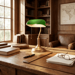 Harrison Banker Table Lamp in Brass and Green Glass