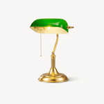 Harrison Banker Table Lamp in Brass and Green Glass