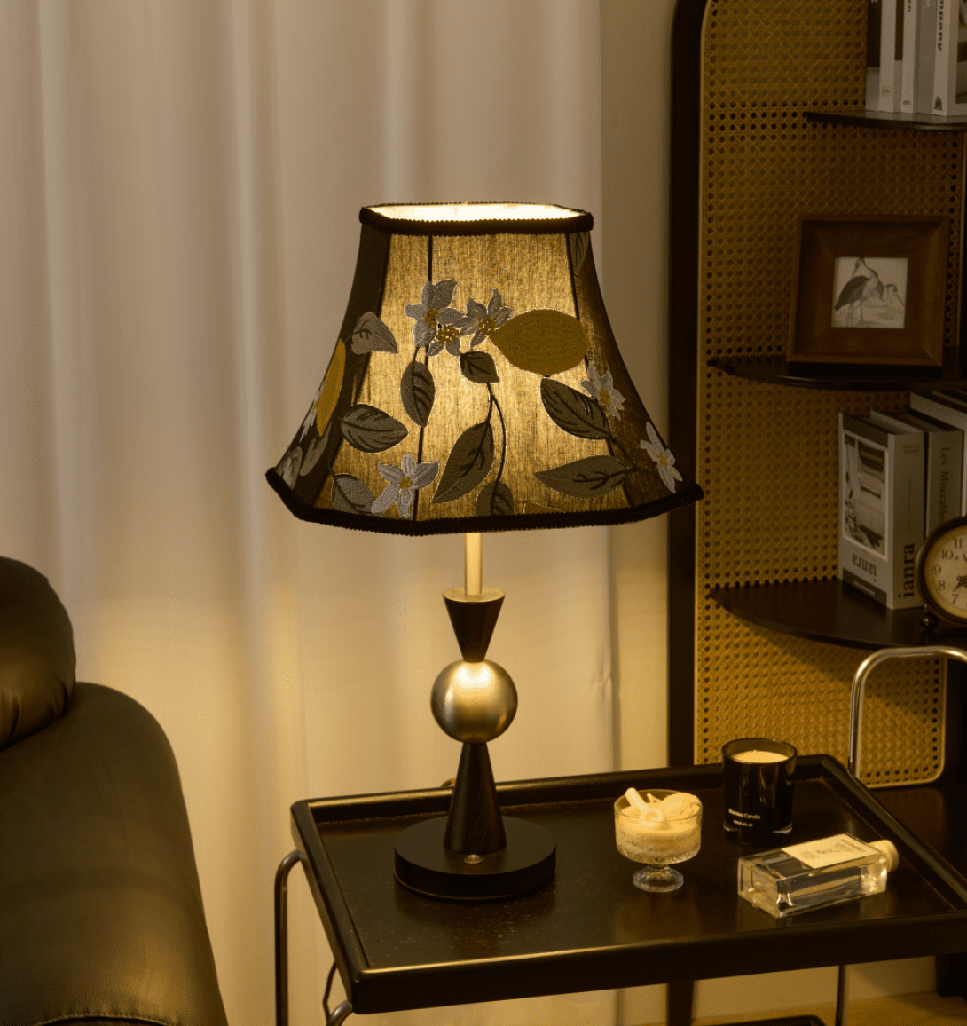 Elowen Bloom Embroidered Table Lamp with Walnut Base