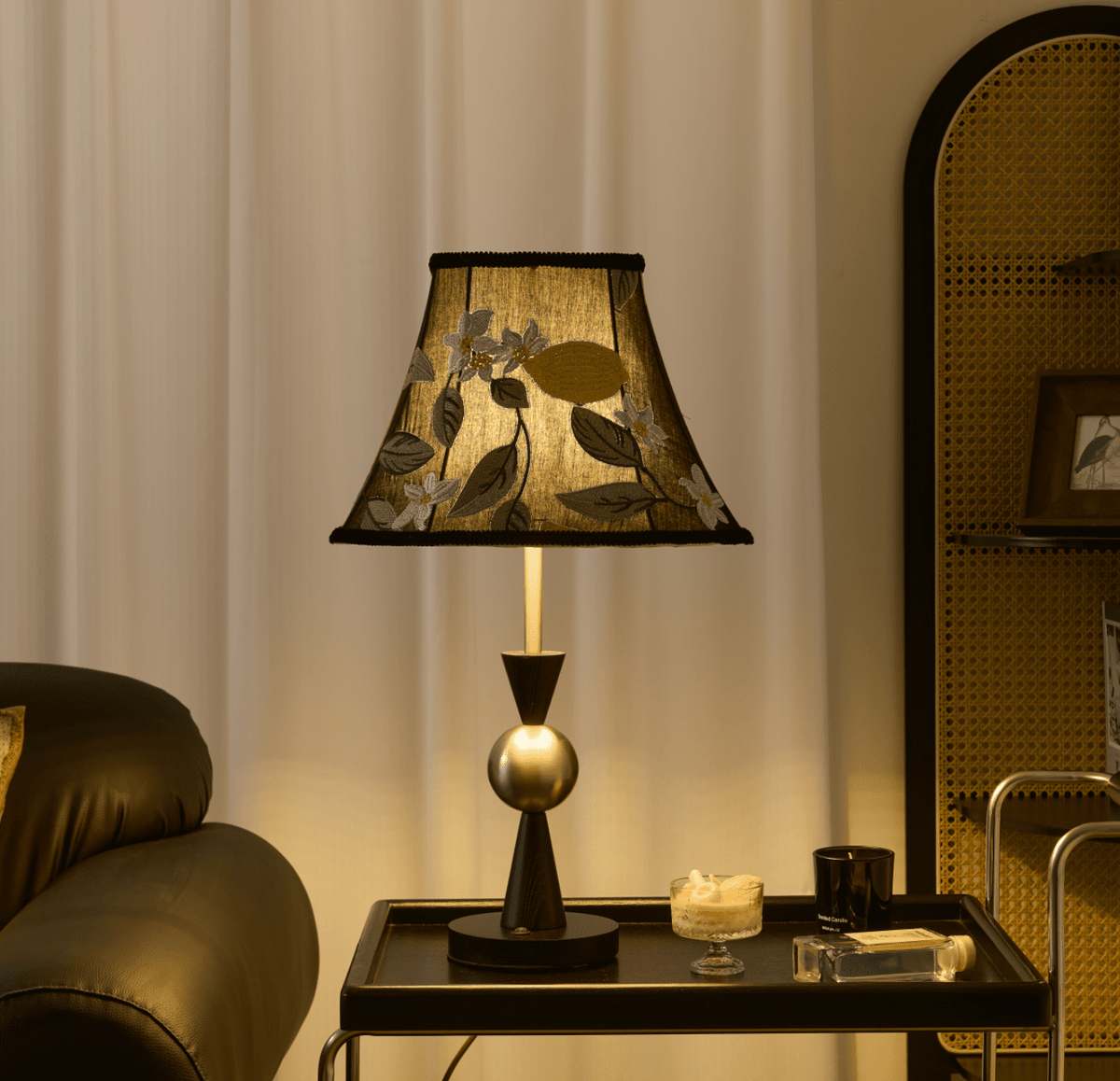Elowen Bloom Embroidered Table Lamp with Walnut Base