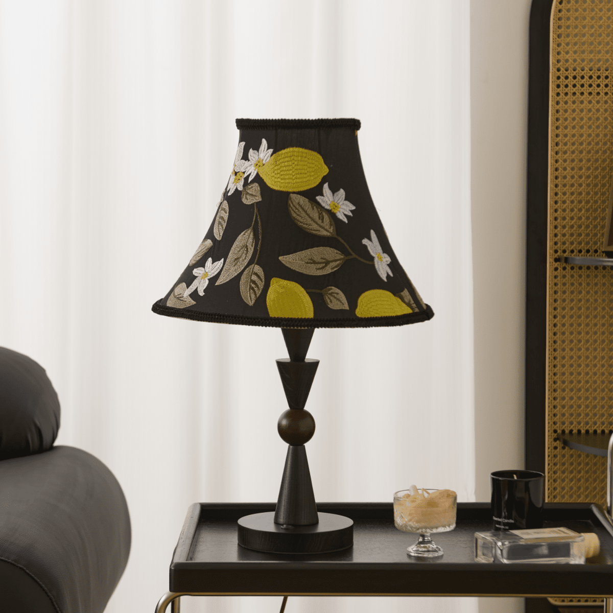 Elowen Bloom Embroidered Table Lamp with Walnut Base