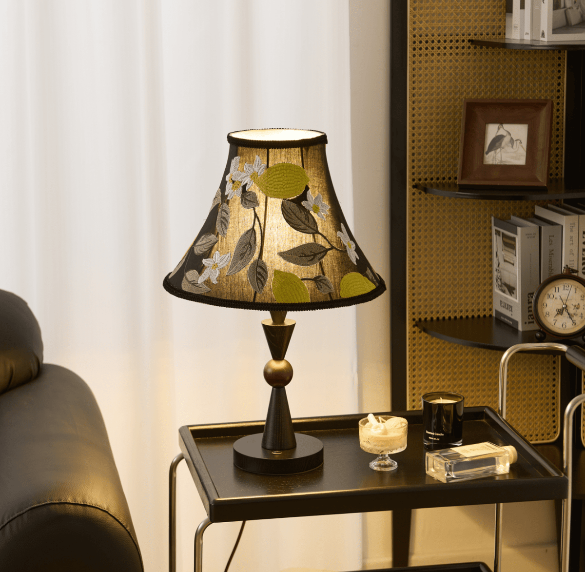 Elowen Bloom Embroidered Table Lamp with Walnut Base