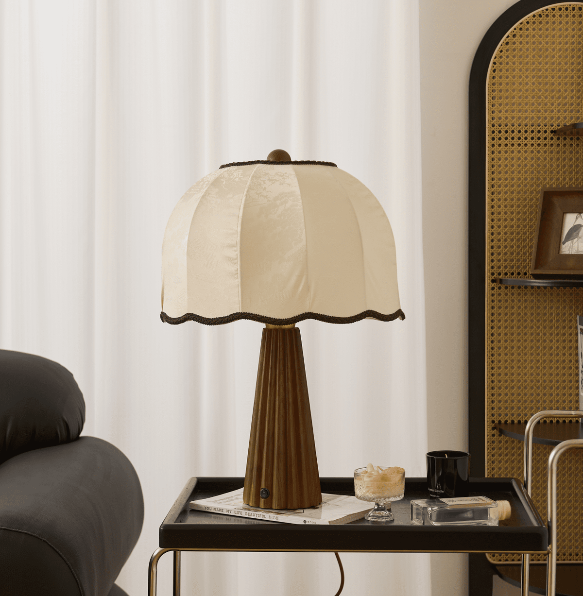 Bellina Table Lamp with Scalloped Fabric Shade and Walnut Wood Base