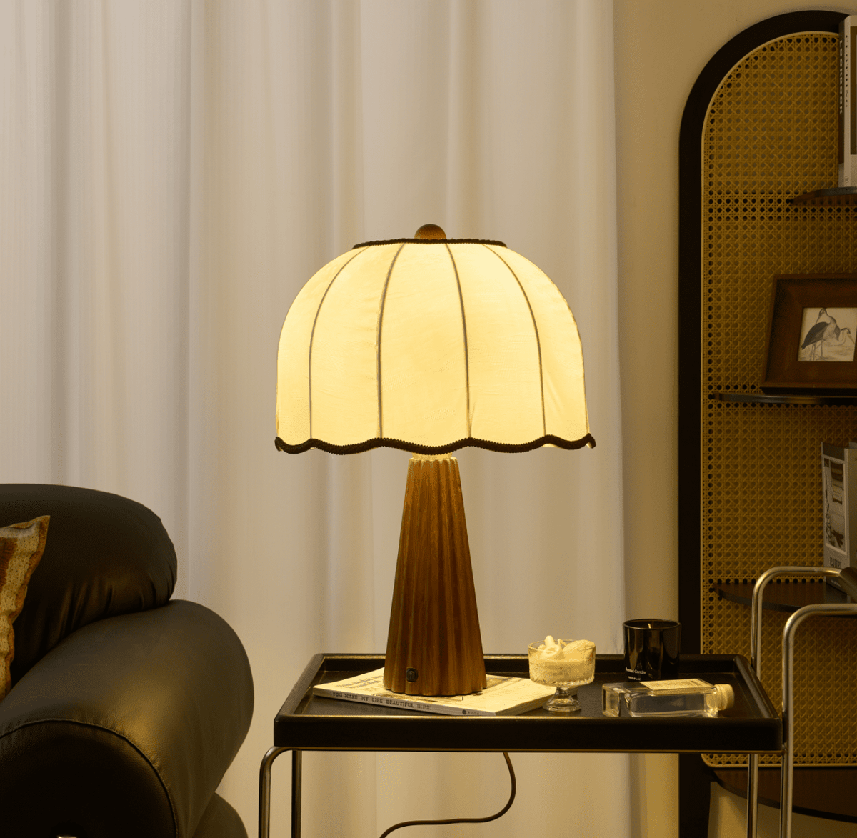Bellina Table Lamp with Scalloped Fabric Shade and Walnut Wood Base