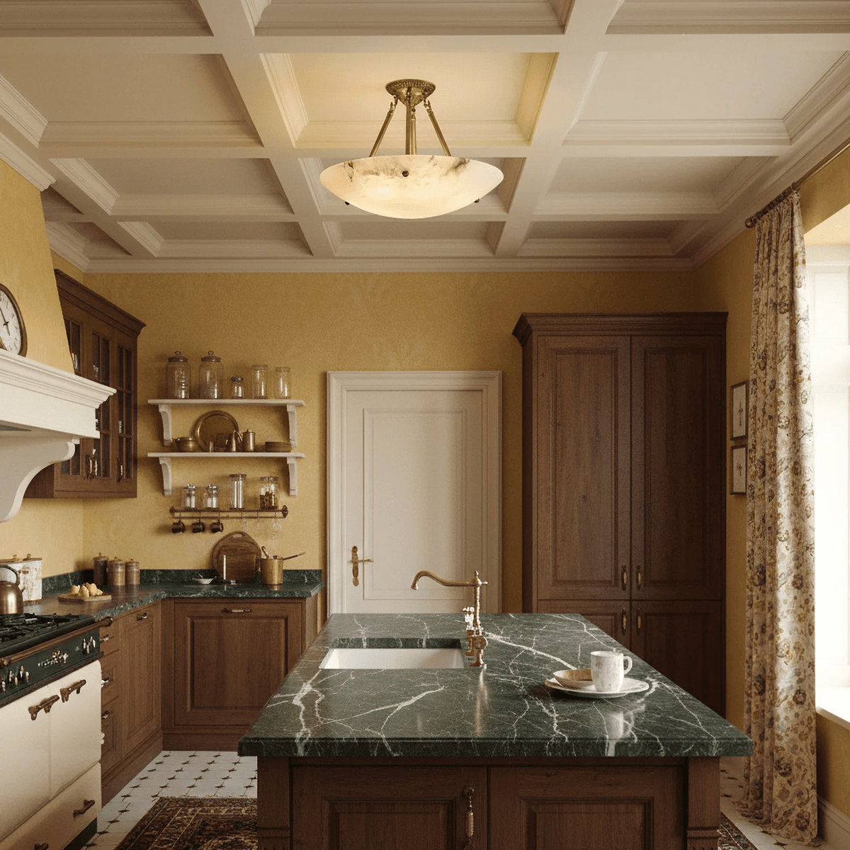 Calyra Semi-Flush Alabaster Ceiling Light in Antique Brass