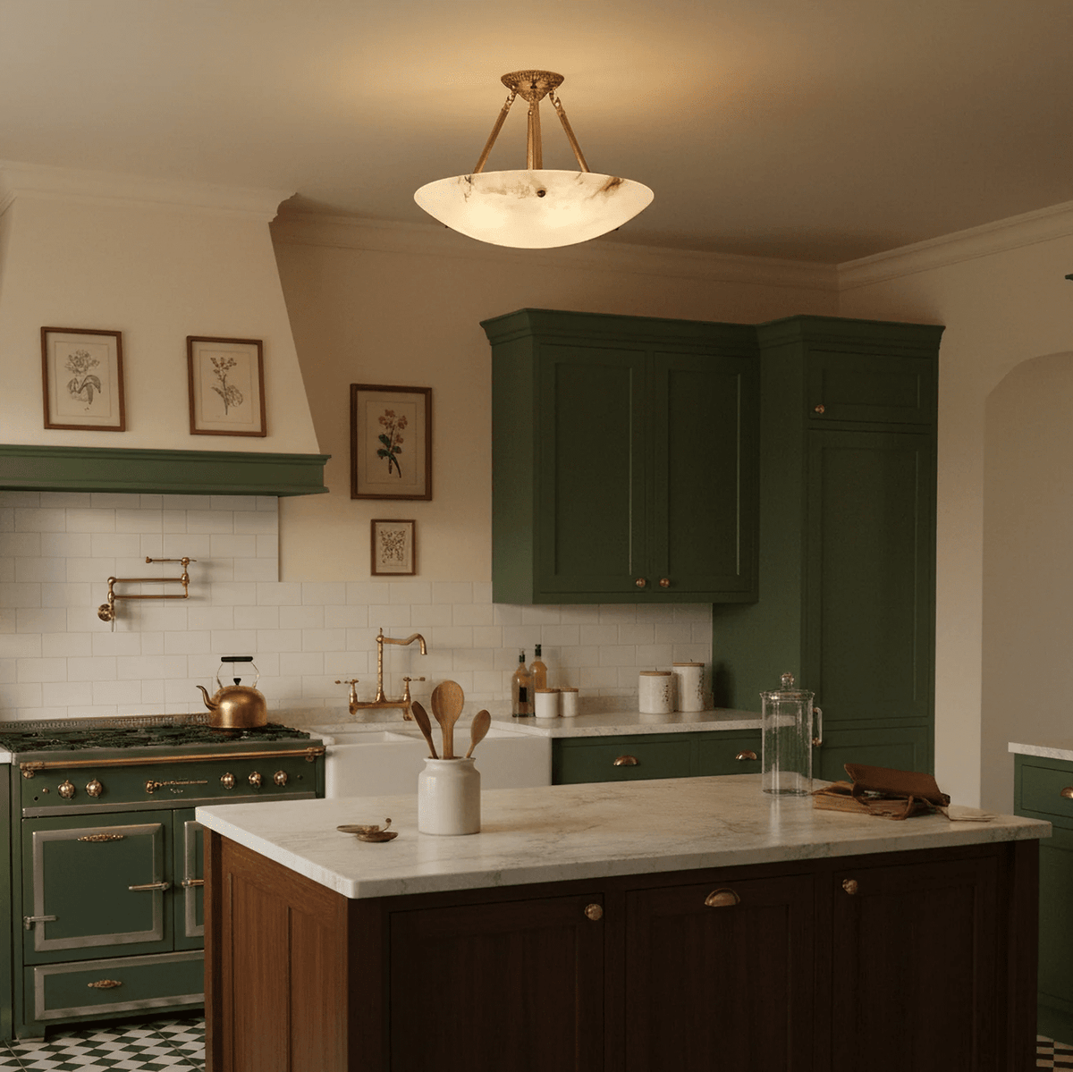 Calyra Semi-Flush Alabaster Ceiling Light in Antique Brass