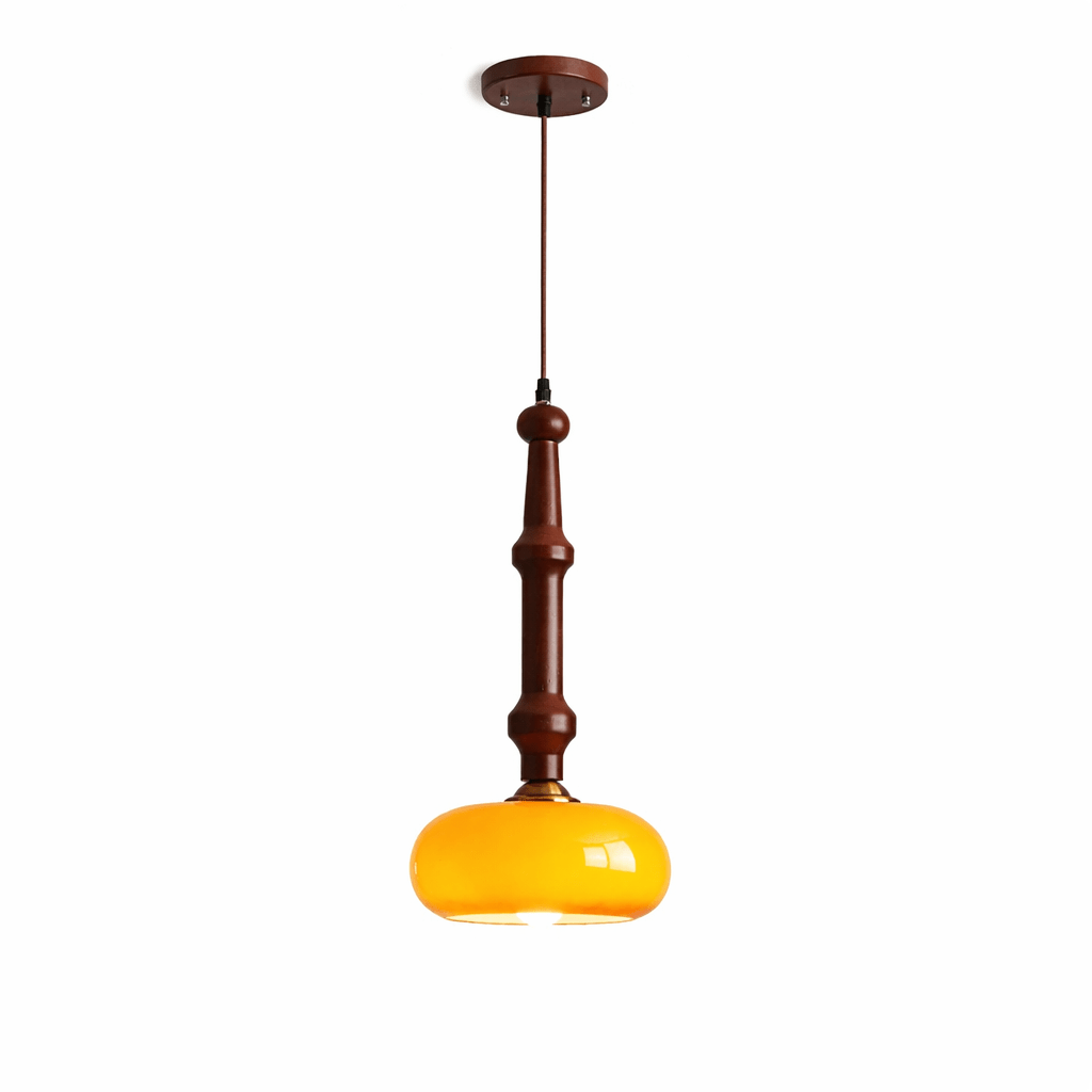 Solvra Modern Wood and Amber Glass Pendant Light for Dining Room