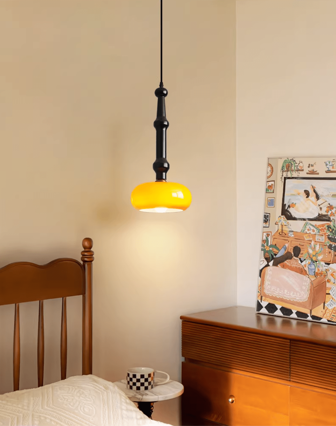 Solvra Modern Wood and Amber Glass Pendant Light for Dining Room