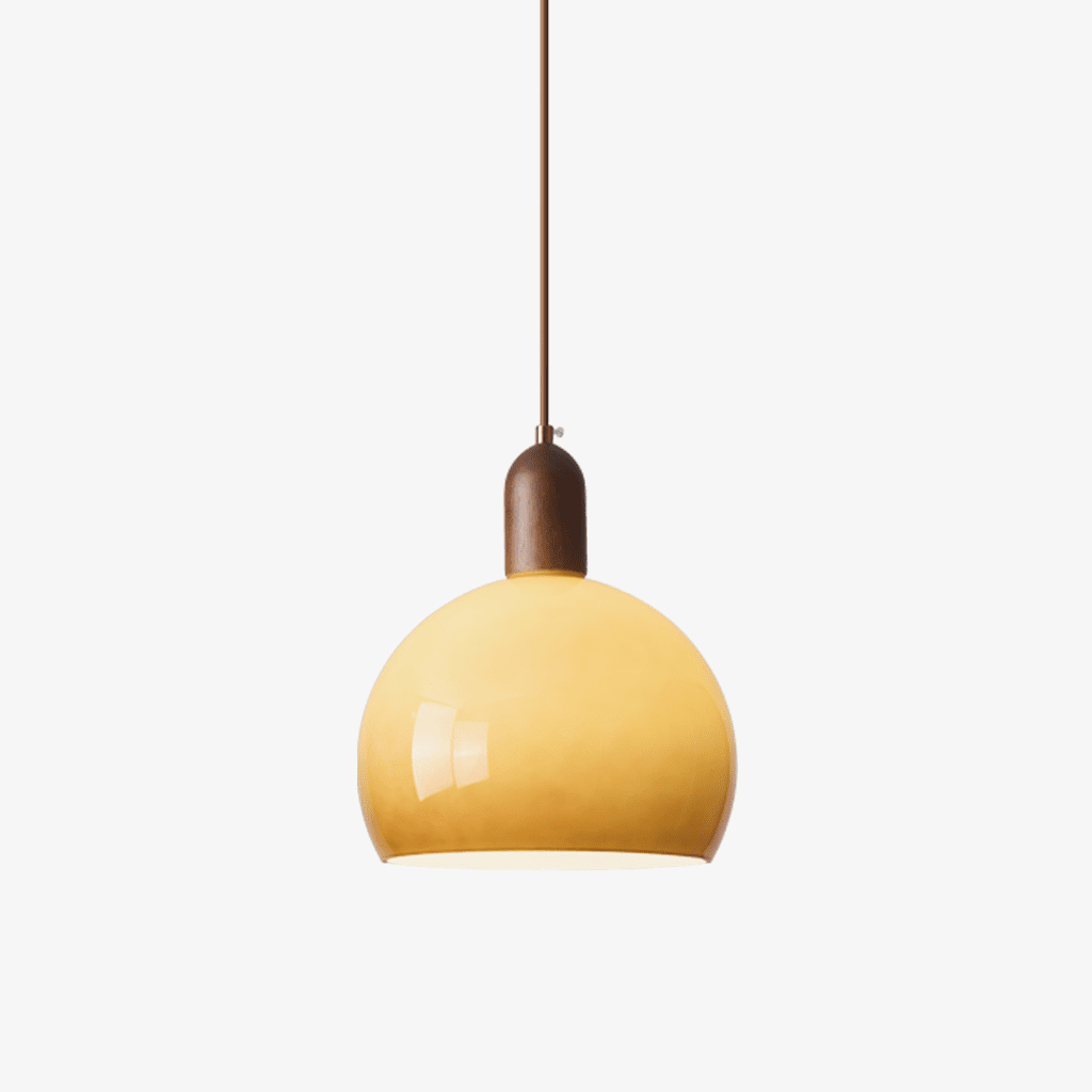 Aurelion Pendant Light – Amber Glass & Walnut Wood Modern Hanging Lamp