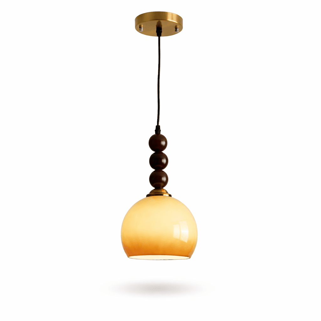 Aurelion Pendant Light – Amber Glass & Walnut Wood Modern Hanging Lamp