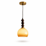 Aurelion Pendant Light – Amber Glass & Walnut Wood Modern Hanging Lamp