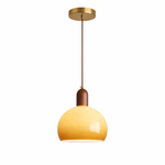Aurelion Pendant Light – Amber Glass & Walnut Wood Modern Hanging Lamp